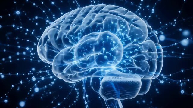 Glowing digital brain model pulsing with complex neural connections in a seamless abstract motion loop