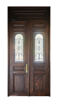 Wooden entrance door isolated on transparent background, historic Neo-Baroque building interior side, Odesa Ukraine