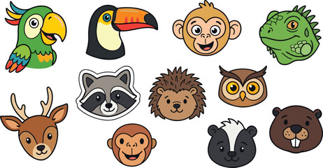Fototapeta premium Adorable Wild Animal Face Icon Set Featuring Parrot Toucan Monkey Iguana Deer Raccoon Hedgehog Owl Badger and Beaver Cartoon Characters