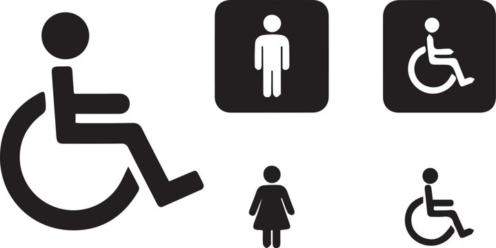 Accessible restroom and wheelchair icons collection with disability symbols, public facility signage, and inclusive vector illustration set