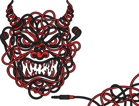 Scary demon face made of tangled wires and earphones with white background earphones headphones illustration abstract aggressive character creature isolated menacing gnashing