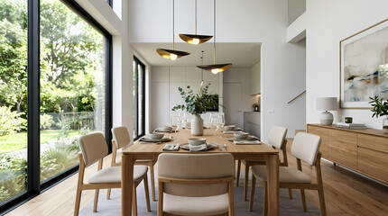 Fototapeta premium Modern Dining Room Interior with Wooden Table and Chairs