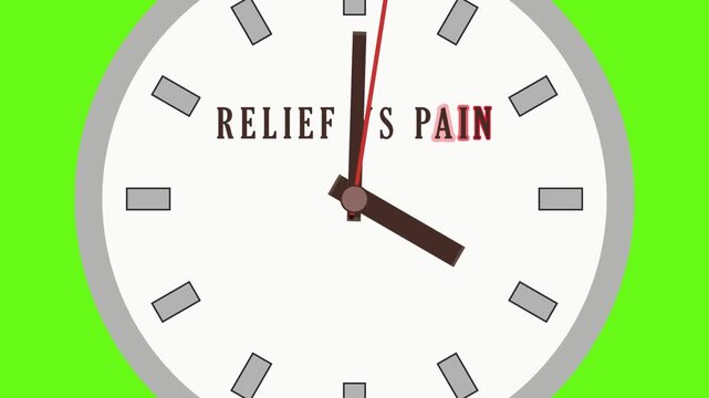 An animated clock on a green screen shows its hands turning, representing the persistent struggle between the concepts of Relief and Pain as time moves forward