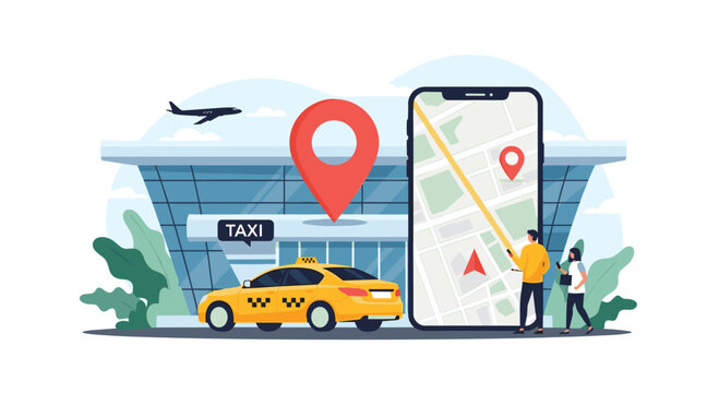 Yellow taxi car waiting in front of an airport terminal with a large smartphone showing a map and navigation app.