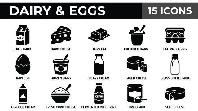Dairy and Eggs Icon Set Flat Design Vector Illustration Food Essentials Collection