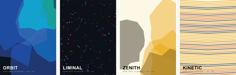 Minimalist abstract poster collection with 4 vector backgrounds, geometric shapes and textures, Orbit Liminal Zenith and Kinetic themed art prints © Ayesha Amjad