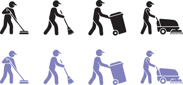 Cleaning Service Worker Icon Set with Sweeping Garbage Collection and Street Sweeper Vector Illustration