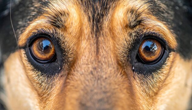 Close-up of a German Shepherds intense brown eyes and furry face.