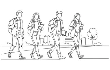 Obraz premium Continuous line art drawing style Young people walking together and talking.