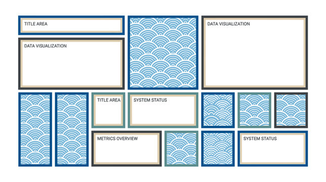 Collection of digital notes and patterned frames in blue and white, arranged as a mood board or visual organizer, with placeholder text areas