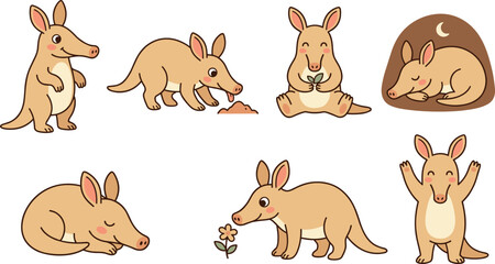 Obraz premium Cute Cartoon Aardvark Character Collection Featuring Standing Digging Sleeping Sitting Walking and Happy Poses for Wildlife Animal Vector Illustration Designs