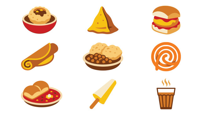 collection of indian street food icons, pixel art style, including pani puri, samosa, vada pav, dosa, idli, jalebi, pav bhaji, kulfi, and chai, perfect for apps and menus