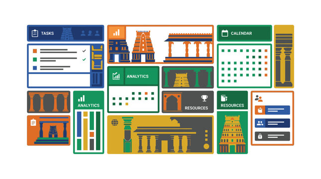 Collection of Indian temple architecture motifs, Dravidian style pillars, gopuram towers, and traditional building elements in a mosaic tile pattern, cultural heritage representation