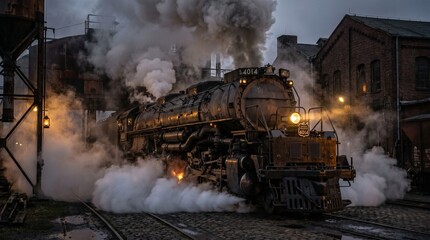 Mighty Union Pacific Big Boy steam locomotive 4014 enveloped in billowing white smoke and bright lights at dusk, showcasing historical power and classic engineering. © Digital soul