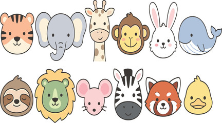 Fototapeta premium Cute Cartoon Animal Face Collection Featuring Tiger Elephant Giraffe Monkey Rabbit Whale Sloth Lion Mouse Zebra Fox and Duck Vector Icons