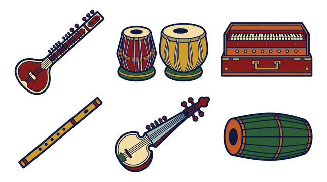 Collection of pixel art Indian musical instruments including sitar, tabla drums, and flute, isolated on white