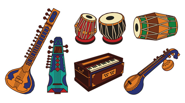 Collection of pixel art Indian musical instruments including sitar, sarod, tabla, harmonium, and dholak, isolated on a white background, perfect for digital art and design projects