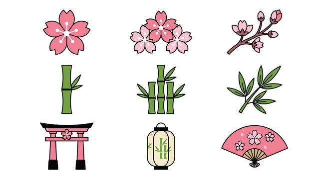 Collection of pixel art Japanese icons featuring cherry blossoms, bamboo, torii gate, lantern and fan, ideal for cultural or travel themes