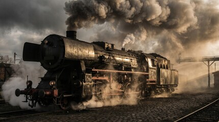 Vintage black steam locomotive engine emitting thick plumes of grey smoke as it stands stationary on old cobblestone tracks during a bright and cloudy afternoon © Digital soul