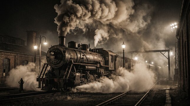 Old vintage steam locomotive engine pulling passenger carriages through a dark foggy rail station at night while emitting thick clouds of billowing dark gray smoke