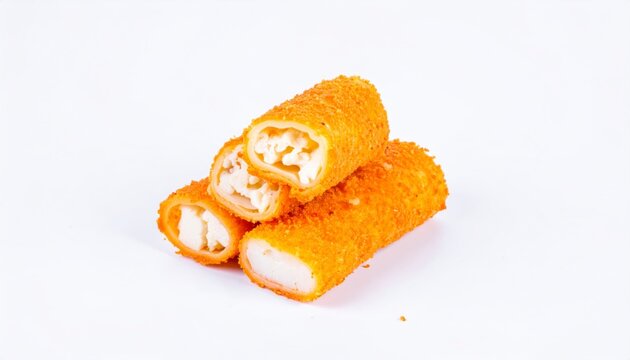 Crispy fried crab rangoon with creamy cheese filling presented stacked on a plain background