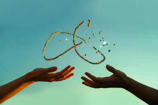 Colorful beads floating in the air between two hands