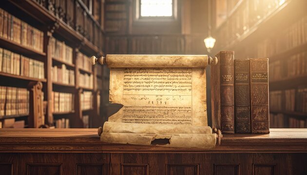 Ancient faded scroll with Coptic text resting on a dusty library shelf among old books