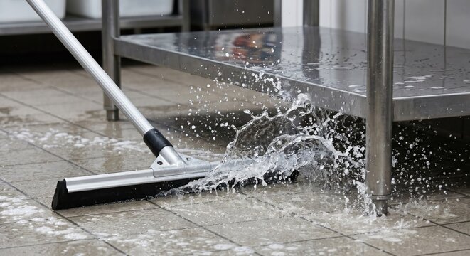 Professional floor squeegee clearing water in commercial kitchen