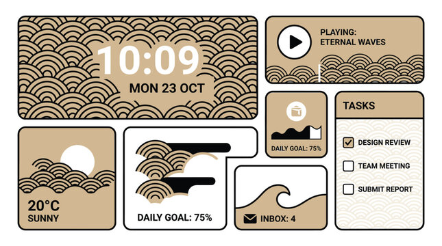 digital dashboard interface with japanese wave pattern, clock and task list, modern ui design elements