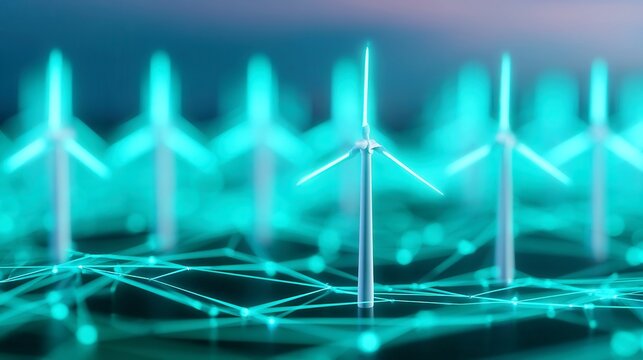 Futuristic clean energy vision featuring glowing wind turbines and electric networks, emphasizing renewable energy and sustainable technology in a vibrant, innovative landscape