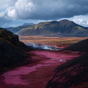 Narrow pink river valley cutting through rugged hills toward distant mountains under patchy sunlight and heavy clouds