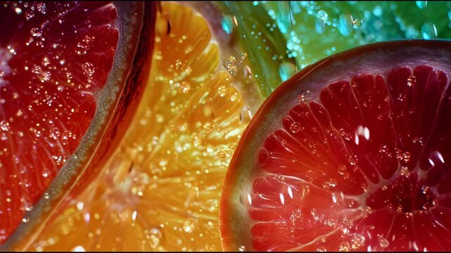 Vibrant Citrus Slices with Water Droplets Close-Up.