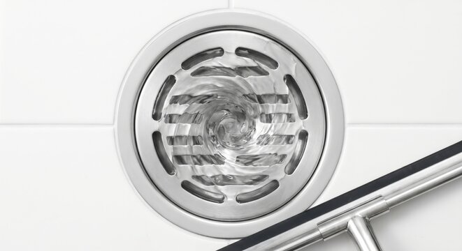 Water swirling into stainless steel floor drain with squeegee
