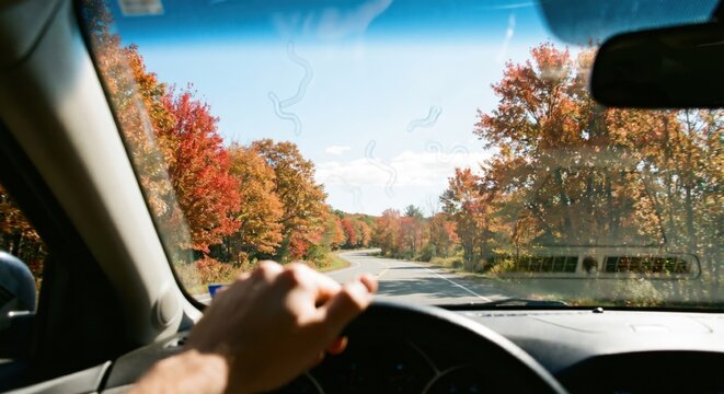 POV of driving car on autumn road with eye floaters in vision
