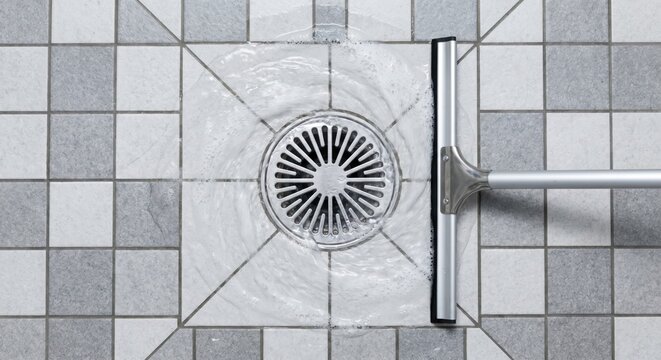 Top view of floor drain with squeegee and swirling water