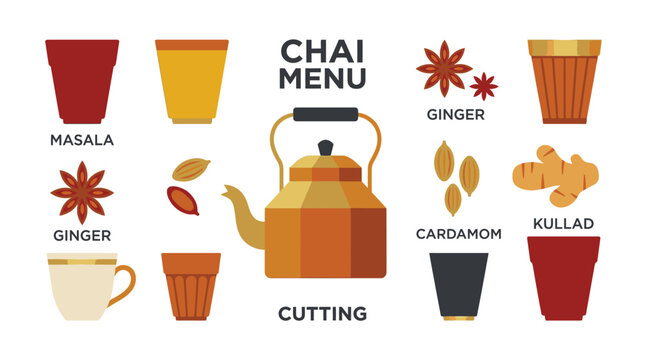 Pixel art chai menu with tea kettle, spices like ginger and cardamom, and cups, ideal for cafe or restaurant branding