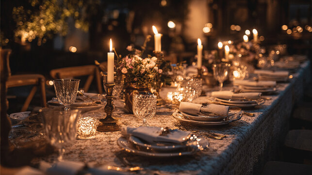 A beautifully arranged dining table lit by warm candlelight, showcasing elegant tableware and floral centerpieces, perfect for a cozy dinner or festive gathering.