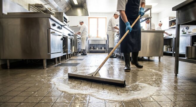 Professional cleaning of restaurant kitchen floor with squeegee