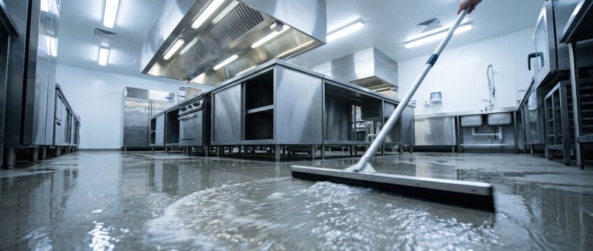 Cleaning industrial kitchen floor with water squeegee