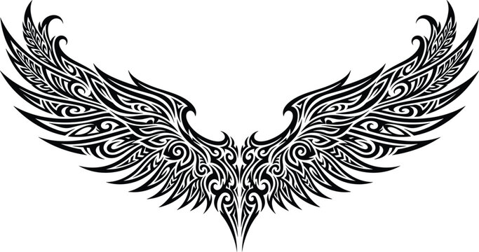 Intricate Tribal Wings Silhouette Vector Illustration for Tattoo Designs Apparel Prints Motorcycle Decals and Ornamental Graphic Art with Symmetrical Feather Patterns and Flight Symbolism