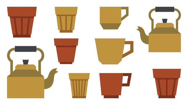 Pixel art collection of traditional Indian chai cups and teapots, simple flat vector icons for beverage or cafe themes