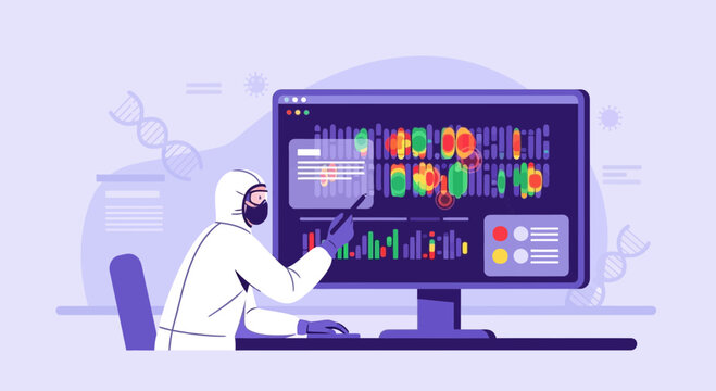 Scientist in protective suit analyzes DNA sequence on computer screen in laboratory