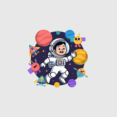 Naklejka premium Astronaut Floating in Space with Planets and Aliens