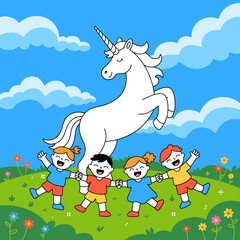 Obraz premium White Unicorn Standing on Green Hill with Happy Children