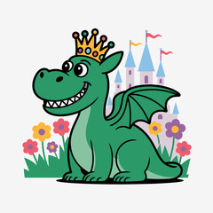 Fototapeta premium Green Dragon Wearing Crown Sitting in Flowers before Castle