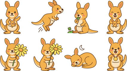Obraz premium Cute Kangaroo Cartoon Character Collection Featuring Jumping Sleeping Holding Flowers Carrying Baby and Happy Poses for Adorable Wildlife Vector Illustration Designs