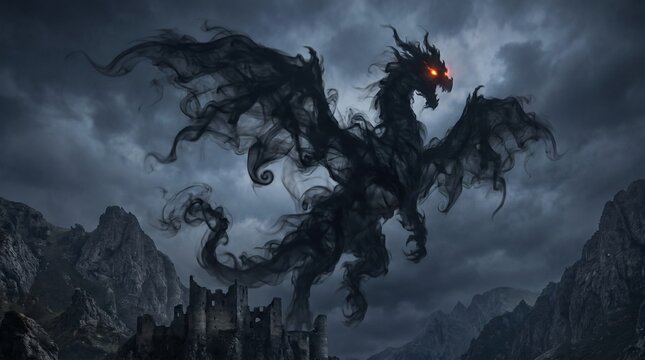 Mysterious dark smoke dragon with glowing red eyes flying menacingly over an ancient ruined castle under a stormy, cloudy sky, creating a terrifying fantasy scene.