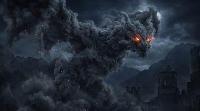 A terrifying smoke creature with fiery eyes hovers menacingly over ancient castle ruins under a dark, cloudy night sky, evoking a sense of fantasy and dread.