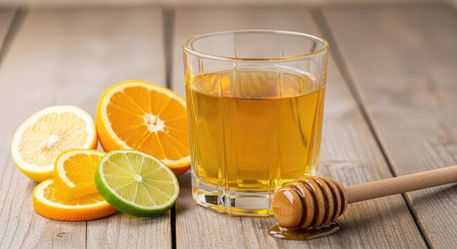 A crystal clear glass filled with warm yellow liquid sits beside fresh citrus slices and a wooden honey dipper upon a rustic wood tabletop, alternative, soothing, kitchen