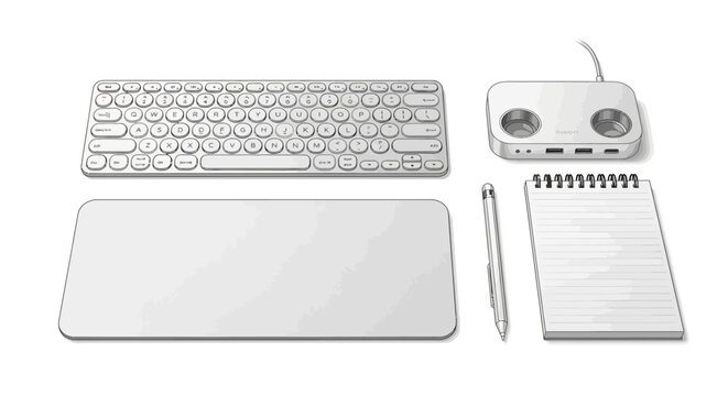 Minimalist office setup with wireless keyboard, digital trackpad, and notebook